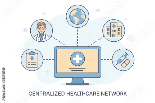 Centralized Healthcare Network System Vector Illustration. Digital Medical Data Sharing, Connected Hospitals, Doctors, Patient Records, Global Health Information Exchange, Modern Telemedicine Concept
