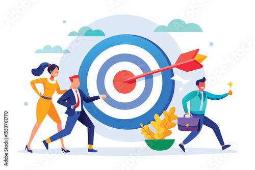 Business team collaborating to achieve goals by pushing a giant target arrow towards success in a dynamic and modern office environment