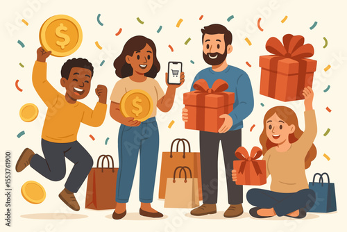Happy customers celebrating online shopping rewards, cashback bonuses, loyalty gifts, festive shopping bags, digital payment, family together, cartoon vector illustration, confetti background