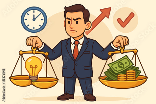 Business decision making concept. Cartoon businessman weighing ideas and money on balance scales. Time management, financial planning, leadership, priorities, growth, success vector illustration