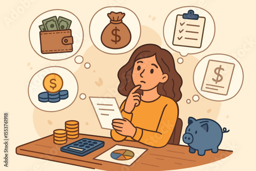 Thoughtful woman planning personal finances, budgeting, saving money, managing expenses, investment decisions, financial analysis, piggy bank, calculator, vector illustration, money management concept