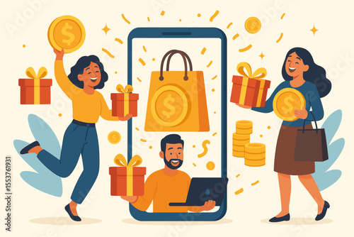 Online Shopping Rewards and Cashback Loyalty Program Concept. Happy Customers Receiving Gift Boxes, Coins, Presents, Bonus Points. E-commerce Incentives, Digital Retail Promotions, Vector Illustration