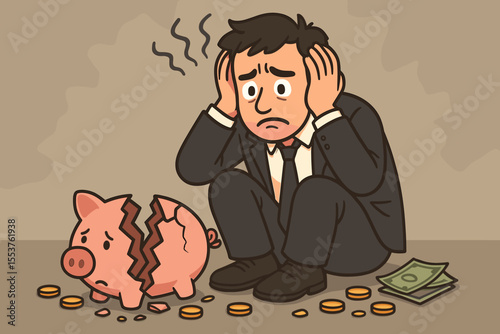Stressed businessman sitting beside broken piggy bank, symbolizing financial crisis, money loss, bankruptcy risk, debt problems, economic downturn, savings depletion, cartoon vector illustration