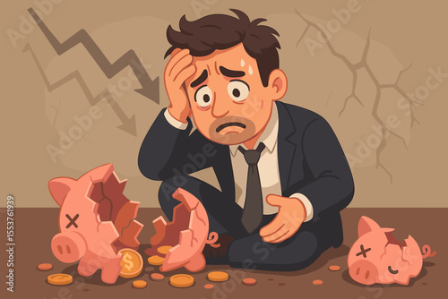 Desperate businessman in suit sitting on floor with broken piggy banks, coins scattered, financial crisis, bankruptcy risk, debt, money loss, economic downturn, cartoon vector illustration