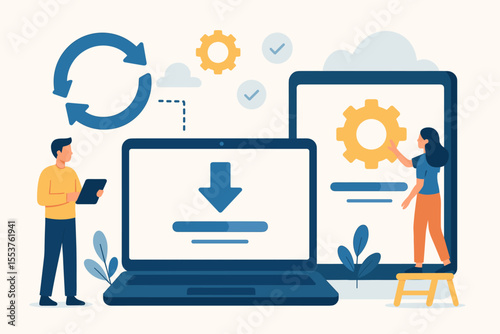 Data synchronization and installation progress concept. System update process, software download, cloud computing, teamwork, device compatibility, digital workflow. Vector illustration