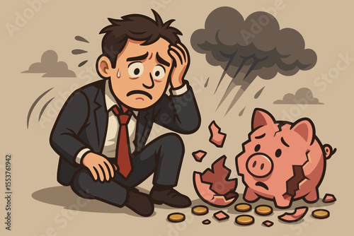 Stressed businessman sitting beside broken piggy bank, coins scattered, dark clouds, symbolizing financial crisis, bankruptcy risk, debt, money loss, economic hardship, savings failure, vector cartoon