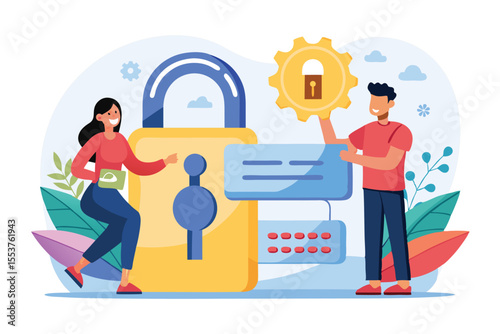 Illustration depicting a man and woman discussing strong password security with digital elements in a colorful setting