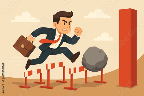 Ambitious businessman in suit jumping over hurdles and obstacles with briefcase, overcoming challenges, determination, career success, corporate competition, achievement, vector cartoon illustration