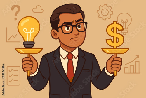 Business Decision Making Concept. Cartoon Businessman Weighing Lightbulb Idea and Dollar Sign. Leadership, Innovation, Financial Choice, Strategy, Risk Management, Vector Illustration, No Text