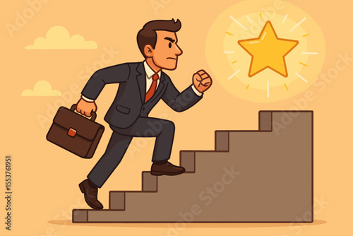 Ambitious businessman climbing stairs towards glowing star, symbolizing career growth, success, achievement, motivation, leadership, business goals, personal development. Vector cartoon illustration
