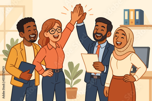 Diverse business team celebrating project success with high five gesture in modern office. Multicultural colleagues teamwork, collaboration, achievement, motivation, leadership. Vector illustration