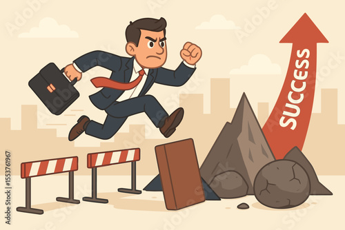 Ambitious businessman jumping over hurdles and obstacles, overcoming challenges on path to career success, motivation, perseverance, achievement, corporate growth, vector cartoon illustration