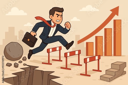 Ambitious businessman leaping over obstacles and barriers, overcoming challenges, achieving corporate growth and success, career progress, business hurdles, upward graph, cartoon vector illustration