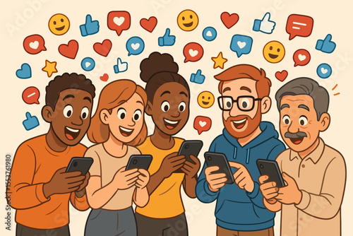 Diverse group of people using smartphones, engaging with social media apps, surrounded by like, heart, emoji icons. Multicultural friends interacting online. Digital communication vector illustration.