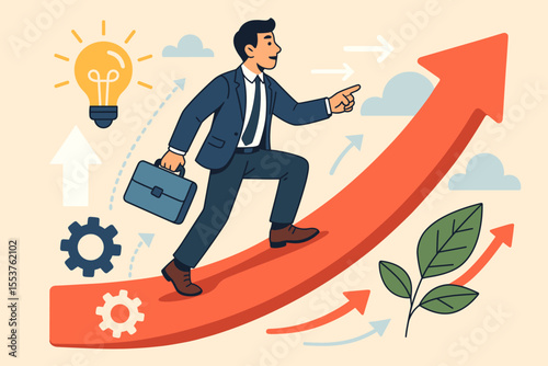 Business growth success concept. Businessman climbing upward arrow. Innovation, leadership, career progress. Strategy, vision, goal achievement. Vector illustration. Motivation, opportunity, future.