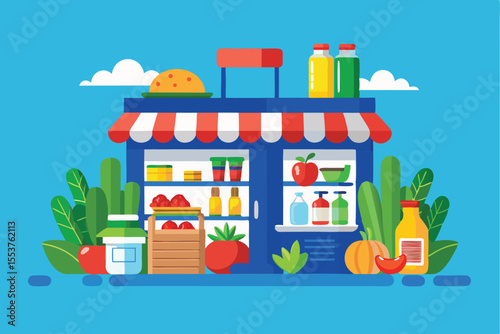 Bright and inviting grocery store concept showcasing various food items and beverages with colorful design elements in a lively atmosphere