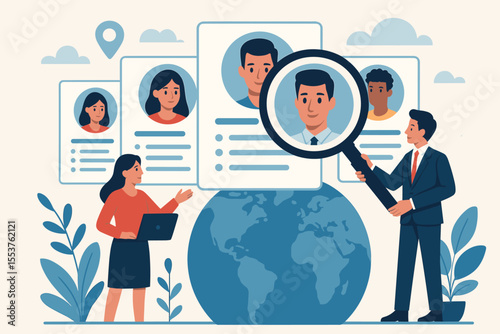 Global recruitment process, HR team searching for candidates, diverse employee profiles, talent acquisition, human resources management, job interview, staff selection, career opportunity