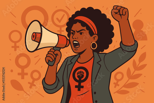 Confident female activist with megaphone advocating women’s rights, gender equality, empowerment, social justice, feminism, protest, leadership, and political participation. Vector illustration