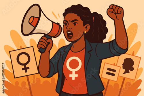 Powerful female activist with megaphone leading protest for women’s rights, gender equality, feminism, social justice, empowerment, political participation. Vector illustration, activism concept
