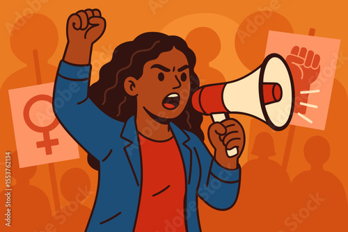 Confident Female Activist with Megaphone Leading Protest for Women's Rights, Gender Equality, Feminism, Political Empowerment, Social Justice, Diversity, Vector Illustration, No Text