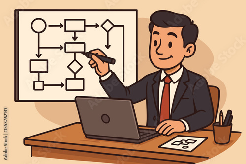 Businessman planning workflow process, drawing flowchart on whiteboard, strategic management, system optimization, office desk, laptop, vector cartoon illustration, business analysis concept