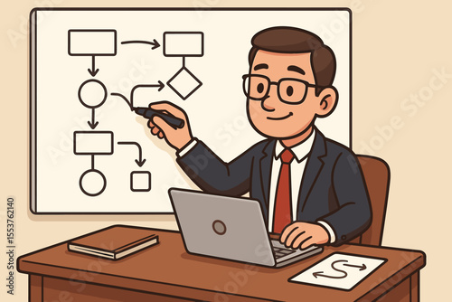 Businessman Planning Workflow Process Diagram, Strategic System Development, Office Presentation, Project Management, Vector Illustration, Business Analysis, Workflow Optimization Concept