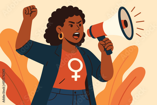 Confident African American Woman Activist with Megaphone Advocating Women’s Rights, Gender Equality, Female Empowerment, Feminism, Social Justice, Protest, Political Participation, Vector Illustration