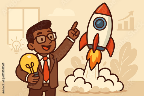 Businessman launching creative startup with rocket, innovation and entrepreneurship concept, new product idea, cartoon vector illustration, business growth, success, leadership, motivation