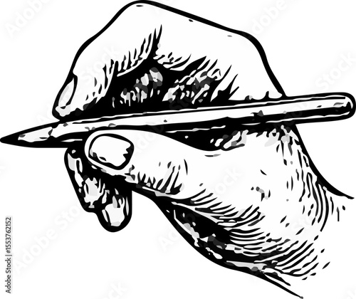 Realistic black-and-white illustration of a human hand gripping a pencil in writing position, detailed with fine linework and shading—ideal for drawing references or educational purposes