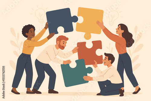 Diverse team collaboration, teamwork concept, group of business people assembling colorful puzzle pieces, creative problem solving, equal job opportunities, workplace equality, vector illustration