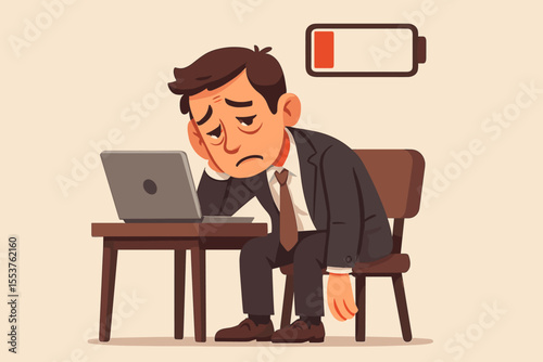 Exhausted businessman slumped at desk with low battery icon, fatigue burnout stress concept, overworked office worker energy depletion, need for rest, corporate workplace vector illustration
