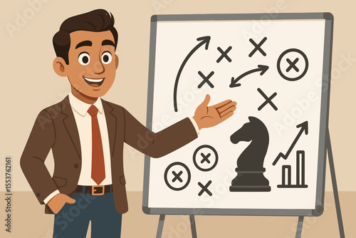 Businessman presenting strategy plan on whiteboard, chess knight symbolizing leadership, growth chart, tactical arrows, decision making, corporate planning, cartoon vector illustration concept