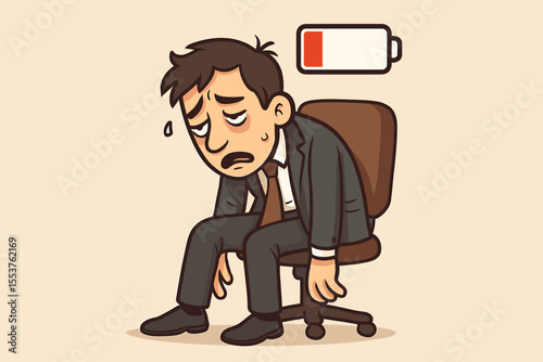 Overworked businessman slumped in office chair with low battery icon. Exhaustion, burnout, fatigue, stress, energy depletion, corporate tiredness, workplace mental health concept. Vector cartoon.