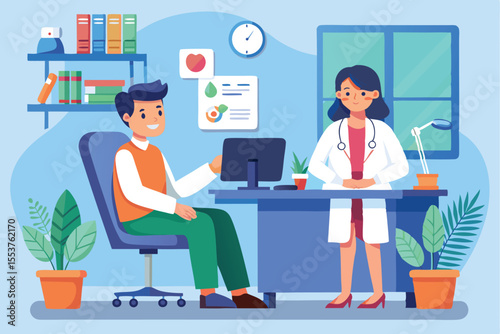Patient consultation in a doctor's office taking place during a routine health checkup with a smiling doctor and engaged patient