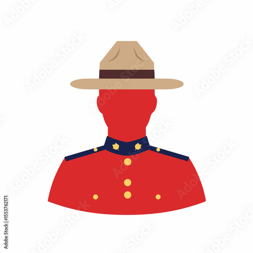 Mountie icon Canada Day symbol. Red uniform with brown hat. Graphic illustration of Canadian law enforcement officer for Canada Day celebrations.  Perfect for Canada Day themed websites,