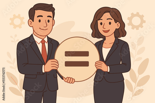 Gender equality in workplace, business man and woman in suits holding equality sign, equal job opportunities, corporate diversity, inclusion, teamwork, professional cartoon vector illustration