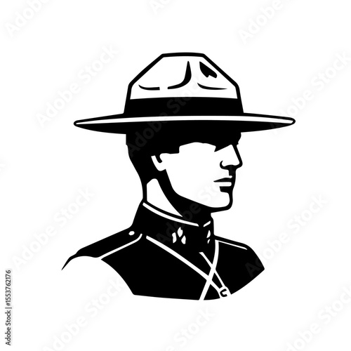 Mountie profile illustration in classic style. Detailed image shows officer in uniform with iconic hat. This strong image is perfect for Canada Day celebrations, patriotic designs,