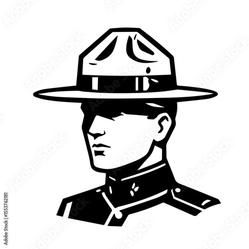 Mountie portrait in iconic hat.  This image depicts a Canadian Mountie, symbol of national pride.  Stylish illustration perfect for Canada Day celebrations, commemorative designs,