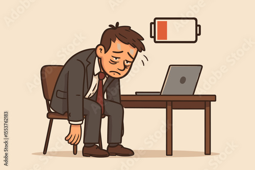 Overworked businessman slumped at desk with low battery icon, fatigue burnout stress concept, corporate exhaustion, energy depletion, workplace mental health, vector cartoon illustration