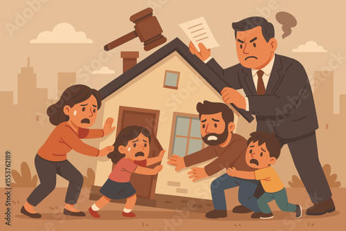 Distressed Family Resisting Home Eviction, Legal Foreclosure and Mortgage Crisis Concept, Sad Parents and Children Defending House from Authority, Financial Hardship Vector Illustration