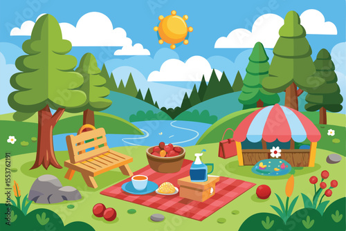 Enjoying a delightful picnic in a serene nature setting with trees, a river, and a bright sun, perfect for relaxation and outdoor fun during a sunny day