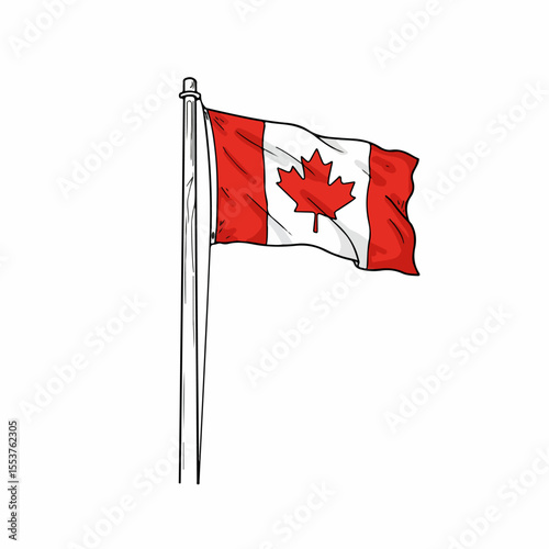 Canadian flag waving on flagpole. Red and white maple leaf flag fluttering in breeze. Patriotism symbol for Canada Day celebrations. Perfect for Canada Day designs, invitations, and announcements.