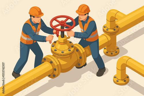 Industrial gas pipeline maintenance workers operating valve. Isometric vector illustration of engineers in safety gear controlling oil, gas, or water pipeline system. Teamwork, industry, engineering