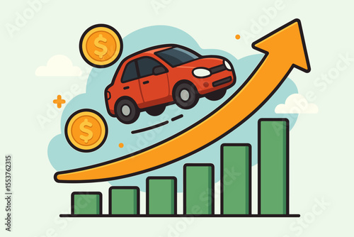 Car Value Increase Concept. Rising Auto Prices. Financial Growth with Vehicle on Upward Arrow Graph. Market Trend. Investment, Inflation, Cost, Money, Economy, Sales, Profit, Chart, Dollar Coins