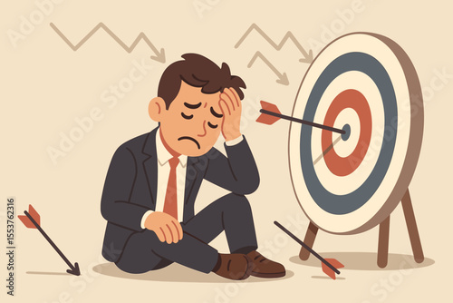 Stressed businessman missing target, failure concept, disappointment, business challenge, unsuccessful attempt, arrows missing bullseye, frustration, risk, setback, cartoon vector illustration