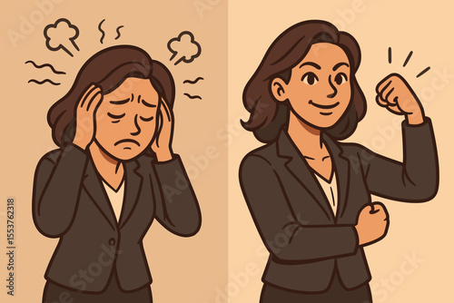 Businesswoman Stress to Confidence Transformation. Frustration, Anxiety, Empowerment, Self-Esteem, Motivation, Personal Growth. Strong Female Leader, Mental Health, Vector Cartoon Illustration