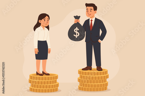 Gender wage gap inequality concept. Businessman and businesswoman standing on coin stacks. Salary discrimination. Unequal pay for men and women. Gender bias in workplace. Vector illustration