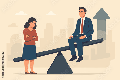 Gender inequality unfairness concept. Business man and woman on seesaw. Social disparity, workplace discrimination, unequal opportunity, career advancement gap, salary difference vector illustration