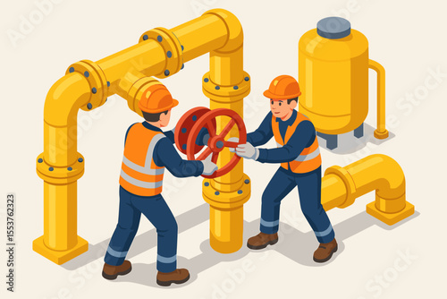 Industrial gas pipeline maintenance workers operating valve in isometric vector. Engineering teamwork, safety equipment, hard hats, industrial pipes, oil and gas industry concept illustration
