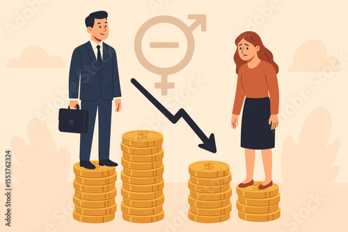 Gender wage gap inequality concept. Businessman and businesswoman standing on different coin stacks. Salary discrimination, unequal pay, gender bias, workplace injustice. Vector illustration.